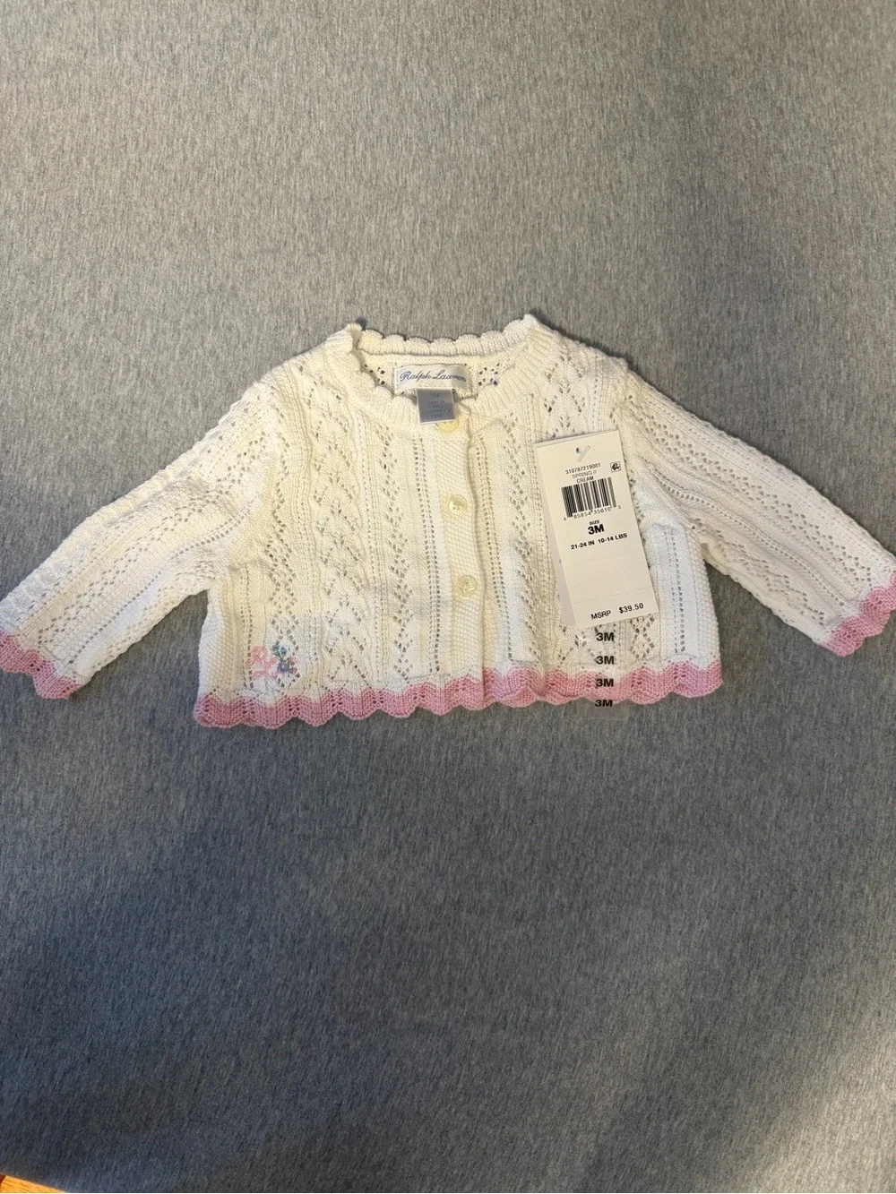 Ralph Lauren White Knit Baby Cardigan with Pink Scallop Trim